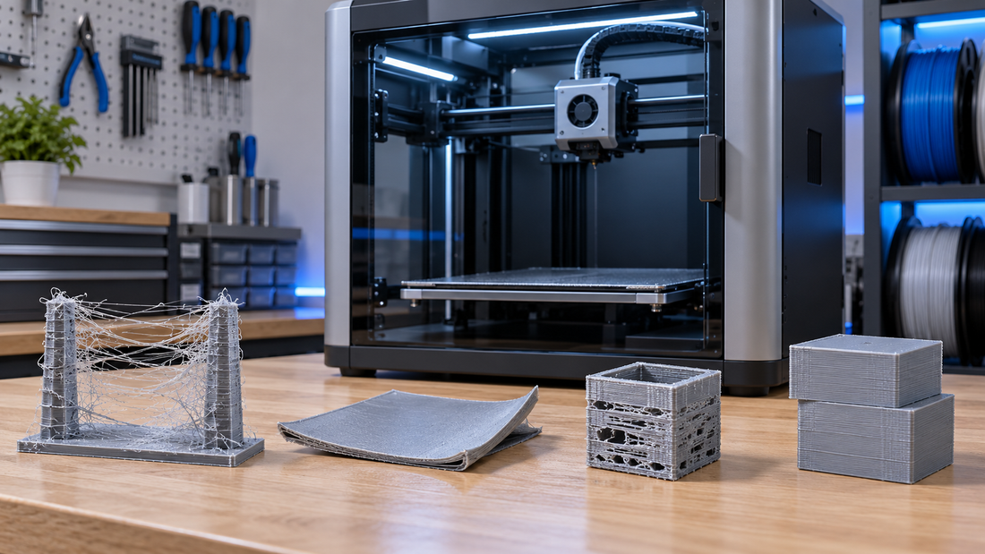 Common 3D print-quality failures beside a modern enclosed printer