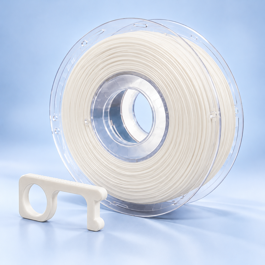 Natural white Anti Bacterial filament on a clear spool beside a touch-free 3D printed key