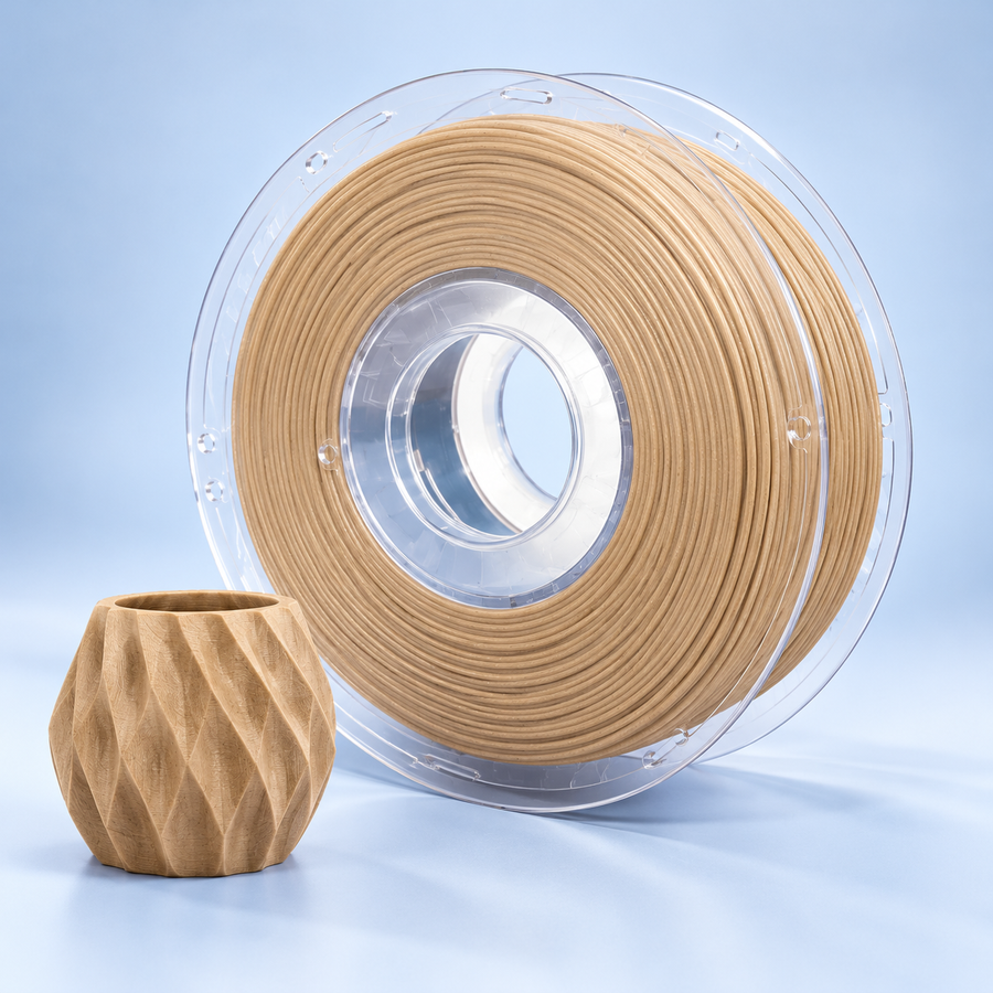 Wood PLA filament on a clear spool beside a wood-tone 3D printed planter